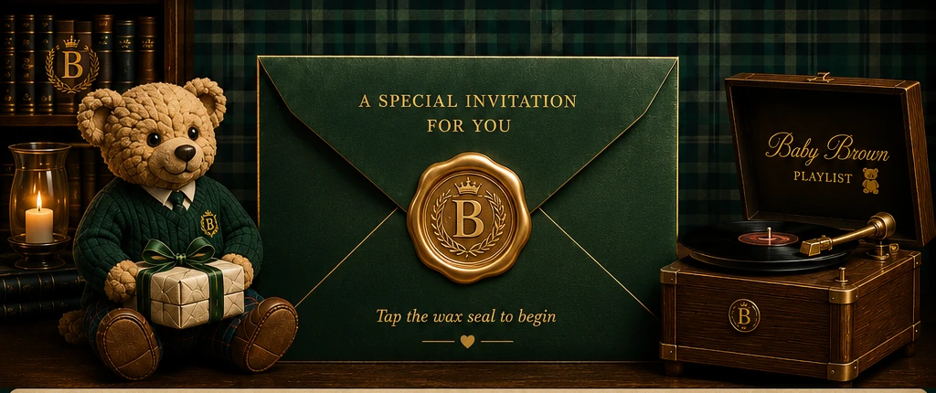 Mr. B beside a wax-sealed invitation and vintage record player